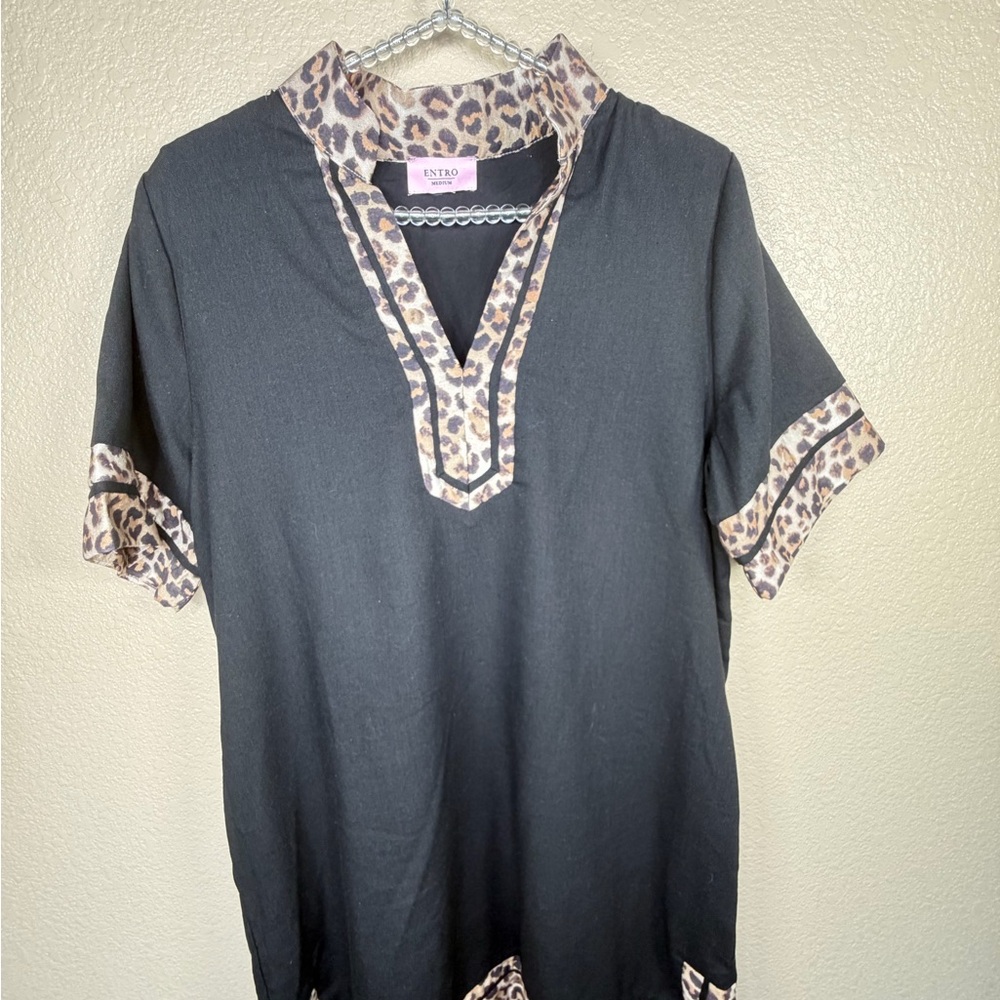 Entro Black Leopard Trim Tunic Dress Medium Boho Chic‎